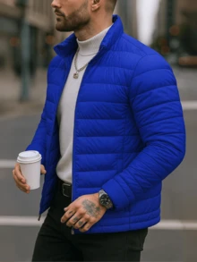 Chamarra Hombre Acolchada Estilo Urbano Elegante Invierno, Corte Slim, Forro Afelpado, Bolsillos con Cremallera - azul real - Ver 2