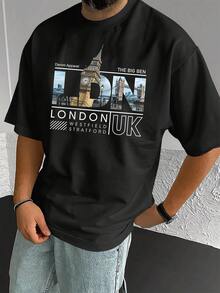 London UK Landmark Graphic Print Men's TShirt Stylish Crew Neck Tee With Unique Cityscape Design Soft & Breathable Cotton Blend Perfect For Casual Wear And Travel Urban Fashion Inspired Top - 黑色 - 查看 4