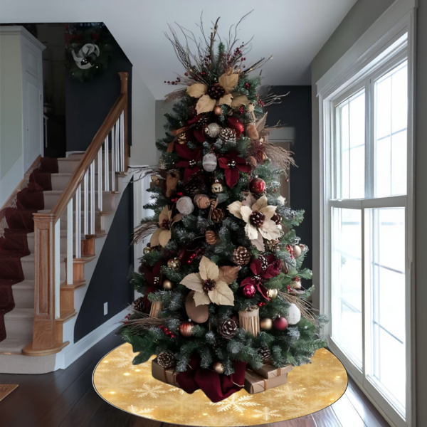 1 pezzo/260 pezzi Gonna per albero di Natale, Gonna per albero di Natale con fiocchi di neve dorati: Con fiocchi di neve dorati glitterati, decorazione natalizia invernale, gonna per albero di Natale dall'atmosfera natalizia, decorazione per tappeto da pavimento per riunioni familiari natalizie