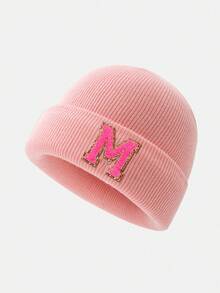 1pc Kids Letter Print Knit Beanie Hat, Warm Winter Headwear For Baby Girls Daily Use - Pink - View 88