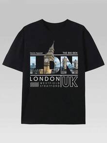 London UK Landmark Graphic Print Men's TShirt Stylish Crew Neck Tee With Unique Cityscape Design Soft & Breathable Cotton Blend Perfect For Casual Wear And Travel Urban Fashion Inspired Top - 黑色 - 查看 1