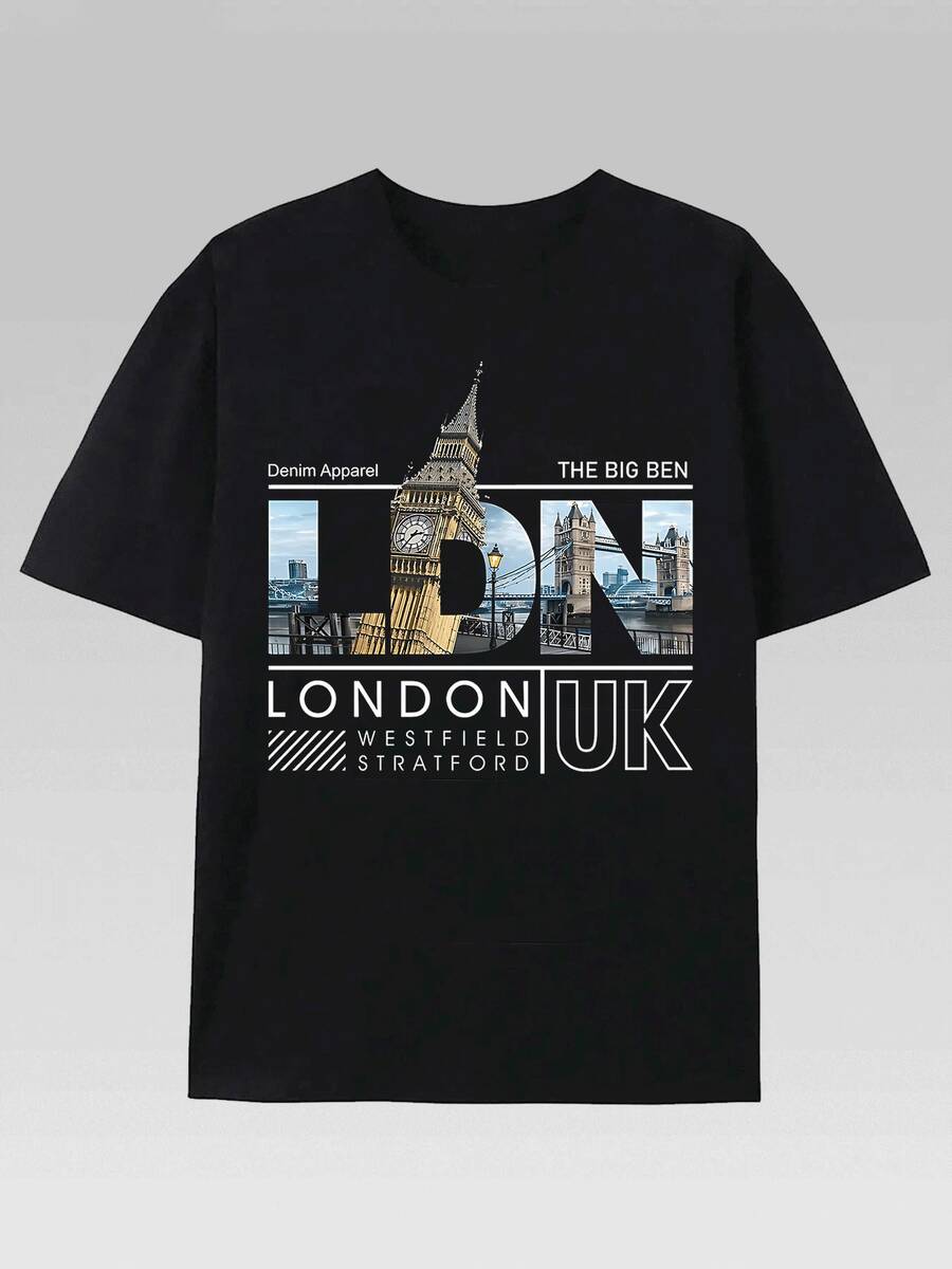 London UK Landmark Graphic Print Men's TShirt Stylish Crew Neck Tee With Unique Cityscape Design Soft & Breathable Cotton Blend Perfect For Casual Wear And Travel Urban Fashion Inspired Top - 黑色 - 查看 1