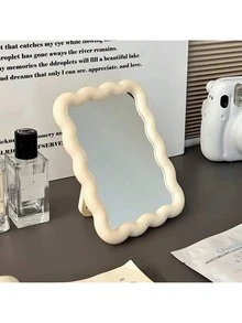 Cream Makeup Mirror, Portable Vanity Mirror For Student Desk, Home Use, Dorm Essential,Makeup,Cheap,Room Decor,Vanity,Travel,Bedroom,Makeup Accessories,Mirror,Vanity Mirror