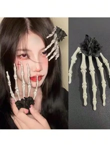 2pcs Halloween Skeleton Claw Edge Clip Headpiece Girl Gothic Hand Bone Niche Personalized Rose Dark Hair Clip Gift