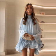 ZEPHYRHAZEL Ruffles Hem Mini Dress Women Elegant Stand Collar Long Flare Sleeve Lace Up Mid Length Dresses Ladies 2025 Fashion Summer Robes