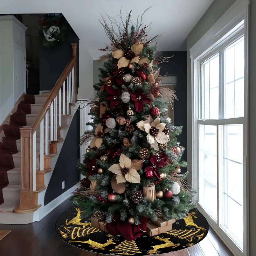 1pc/260pcs Christmas Tree Skirt With Gold Glitter Deer, Black Color With Holiday Snowflake & Tree Pattern, Christmas Atmosphere Tree Skirt, Carpet For Christmas Family Gathering Party Decoration, Fits Christmas Scene Decoration, Holiday Atmosphere Decor, Living Room Christmas Tree Arrangement, Holiday Party Scene, Home Christmas Decoration, Creates Sweet Christmas Vibe - Festive Snowflakes and Trees Pattern - View 1