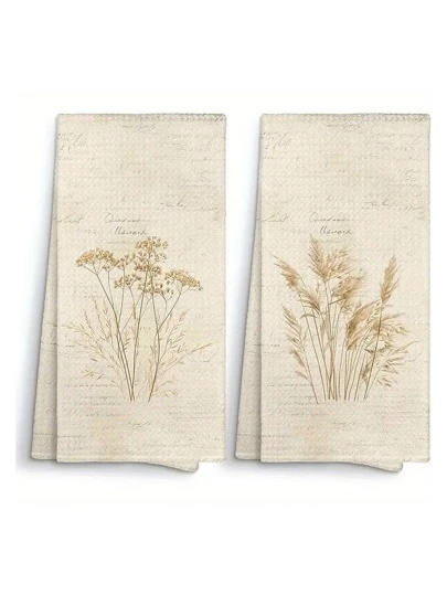2条装 15.7x23.6 英寸米色复古秋季植物图案厨房毛巾 - 超柔软涤纶洗碗布，饰有野花和麦穗图案，可机洗，农舍风格装饰，适用于厨房和浴室，中性色调装饰毛巾，质地柔软