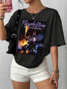 Vintage Inspired Purple Haze Graphic Tee For Women, Soft Cotton Blend, Casual Fit, Round Neck Short Sleeve TShirt Featuring Retro Motorcycle And City Night Print  A Stylish Throwback To Classic Rock Vibes!