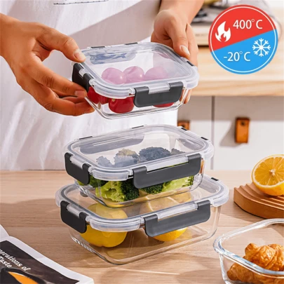 Glass Food Storage Containers With Lids, Meal Prep, Food Pantry Kitchen Lunch Storage Containers, Leak-Proof, Airtight Glass Lunch Bento Box, Microwave, Oven, Fridge & Dishwasher Safe