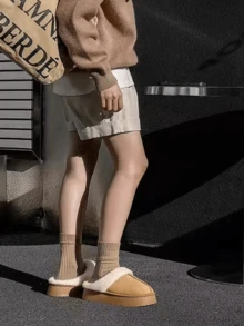 厚底一脚蹬拖鞋，带毛皮衬里，卡其色，休闲舒适，适合室内/室外穿着，适合秋冬季