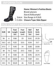 planare بوت نسائية سوداء متوسطة الساق، مزينة بإكسسوارات معدنية، مصنوعة من جلد متين، مزودة بأبزيم وتصميم مسامير متعددة، عصرية وشاملة، مناسبة للارتداء اليومي العادي، خريف/شتاء