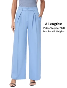 Women's Petite/Regular/Tall 3 Lengths Wide Leg High Waisted Flowy Dress Pants Workout Casual Trousers  Elegant  Slacks - 藍色 - 查看 9