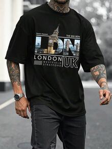 London UK Landmark Graphic Print Men's TShirt Stylish Crew Neck Tee With Unique Cityscape Design Soft & Breathable Cotton Blend Perfect For Casual Wear And Travel Urban Fashion Inspired Top - 黑色 - 查看 3