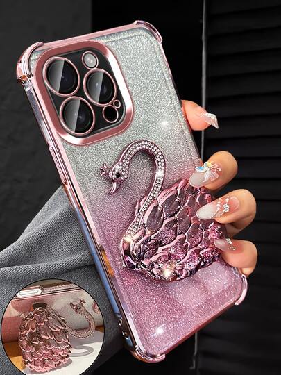 奢华电镀透明粉色手机壳，带创意天鹅支架，水钻闪光 Y2k 风格，防摔，防掉落，夏季新款时尚硅胶防震保护软壳，兼容 16 16e 15 14 13 12 11 X XS XR 8 7 Plus Pro Max Mini、Samgsung Galaxy S24 S25 Ultra、兼容小米 Redmi、兼容华为 Honor OPPO Reno MOTO Infinix Women 2025