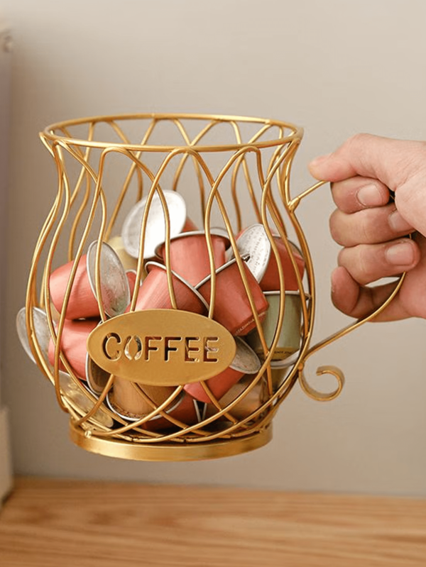 1pc Gold Coffee Capsule Storage Basket - Stainless Steel, Holds 30 Coffee Capsules, Suitable For /, Can Also Store Snacks, Fruits, Toys; Decorative Organizer For Desk, Kitchen, Bedroom