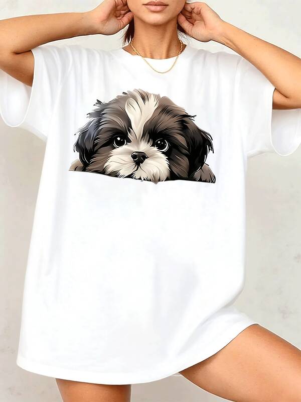 Adorable Shih Tzu Puppy Graphic Women's TShirt, Cute Dog Lover Tee, Artistic Pet Portrait Print, Comfortable Cotton Blend, Casual Style Top, Express Your Love For Dogs With This Unique Design.