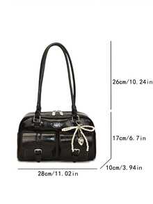 Classic Solid Color PU Waterproof Fabric, Letter Pattern Design, Zipper Closure, Pearl Pendant Decor, Fashionable Shoulder Bag - Black - View 4