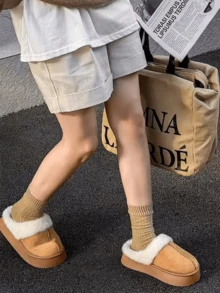 厚底一脚蹬拖鞋，带毛皮衬里，卡其色，休闲舒适，适合室内/室外穿着，适合秋冬季