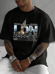 London UK Landmark Graphic Print Men's TShirt Stylish Crew Neck Tee With Unique Cityscape Design Soft & Breathable Cotton Blend Perfect For Casual Wear And Travel Urban Fashion Inspired Top - 黑色 - 查看 2