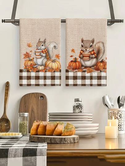 2pcs/4pcs/12pcs Autumn Squirrel & Pumpkin Kitchen Towels, Thanksgiving Squirrel Bathroom Towels, Thanksgiving Home Decor, Thanksgiving Kitchen Decor, Modern Style, Quick Dry, Super Soft Microfiber Material, Rectangular 40*60CM, Digital Printing Pattern, Suitable For Autumn Kitchen Decor, Outdoor Party Decoration, Thanksgiving Holiday Gifts, Birthday Gifts