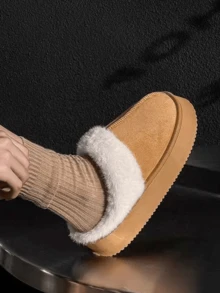 厚底一脚蹬拖鞋，带毛皮衬里，卡其色，休闲舒适，适合室内/室外穿着，适合秋冬季