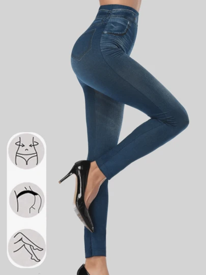 1 pieza Leggings ajustados de mujer, efecto de mezclilla, ajuste ceñido