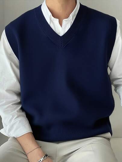 Men's V-Neck Knitted Vest, Solid Color Minimalist, Classic Style, Slim Fit Versatile Sweater Vest, For Fall Winter