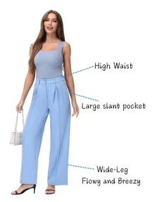 Women's Petite/Regular/Tall 3 Lengths Wide Leg High Waisted Flowy Dress Pants Workout Casual Trousers  Elegant  Slacks - 藍色 - 查看 4