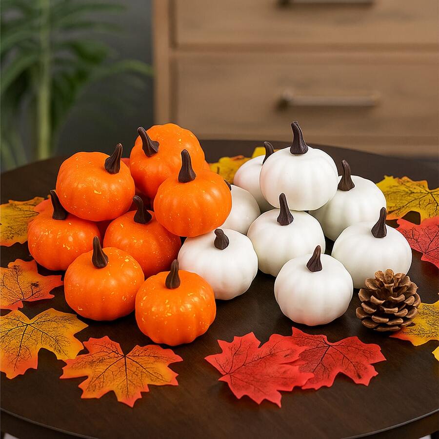 12pcs/24pcs/Realistic Pumpkin Decor Accents - 50pcs Artificial Maple Leaves, Suitable For Halloween, Thanksgiving And Autumn Celebrations - Multipurpose Home And Party Decorations, Halloween Decor, Home Decor, Office Desk Ornaments
