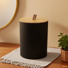 1pc Large Capacity With Bamboo Cover Trash Can With Simple Striped Design, For Home Living Room Or Bathroom Storage - Multicolor - View 8