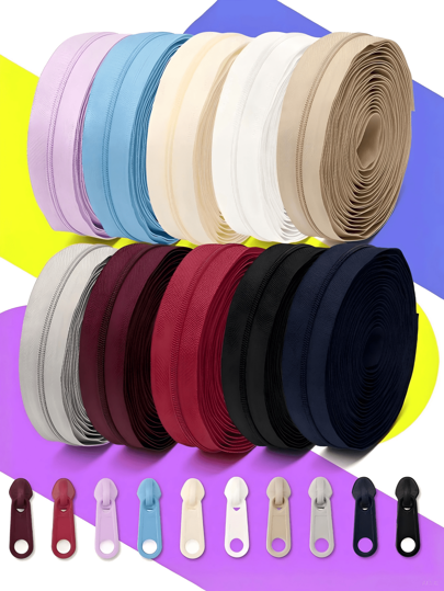 1 set = fermoar de 4,5 m + 10 buc. mânere de fermoar din plastic, fermoar colorat din nailon #3 cu 10 buc. mânere de fermoar din plastic asortate, 1 set/5 seturi, pentru îmbrăcăminte, textile, bagaje