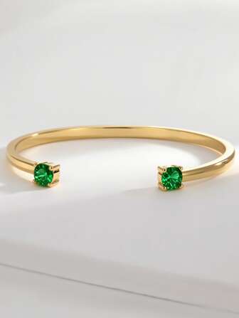 Charm-In 18K Gold Plated Open Bangle With Green Zirconia Stone, Back To School Gift Jewelry