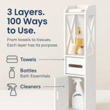 Bathroom Storage Cabinet, Narrow Storage Cabinet, Bathroom Floor Cabinet, Suitable For Living Room, Entrance, Kitchen, White (80x15.5x15CM)