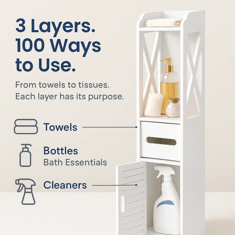 Bathroom Storage Cabinet, Narrow Storage Cabinet, Bathroom Floor Cabinet, Suitable For Living Room, Entrance, Kitchen, White (80x15.5x15CM)