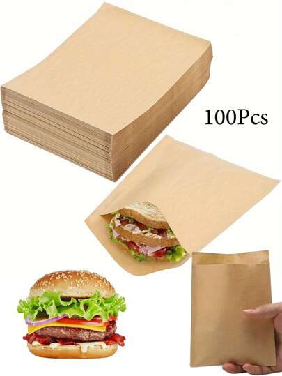 50/100pcs Kraft Paper Sandwich Bags,Greaseproof Disposable Food Bags For Burgers, Desserts, Fried Chicken | Leak-Resistant Snack Packaging For Parties, Catering, Food Truck | Wedding Birthday | Back To School