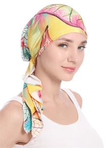 Muslim Pre-Tied Headscarf, Lightweight Women Printed Curved Floral Fabric Cap, Milk Silk Turban Hat