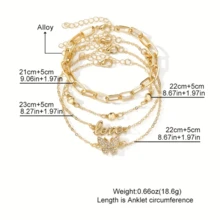 4pcs Butterfly LOVE Letter Chain Anklet Set Inlaid Shiny Rhinestone Stackable Ankle Bracelet Thin Chain Foot Jewelry Set - Vàng - Xem 3