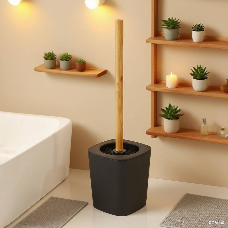 A Bamboo Wood Long-Handled Toilet Brush, No Dead Ends, Household Toilet Toilet, Toilet Squatting Pit, Cleaning Toilet Set, Artifact - Black - View 1