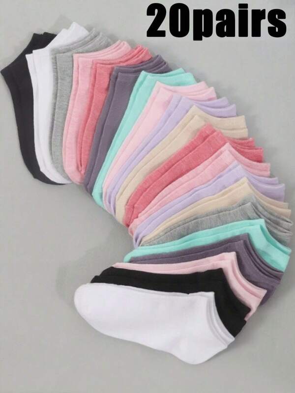 20 Pairs Of Women's Candy Color Solid Color Socks, Sports Socks Short Socks, Invisible Socks, Pure Color Simple Fashion, Suitable For Daily Casual Wear