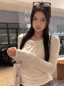 Women's Casual Commuting Elegant Elegant Solid Color Lace-Up Long Sleeve Slim Fit T-Shirt, Spring/Autumn - Apricot - View 6