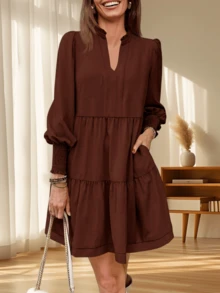 Womens Fall Casual V Neck Long Sleeve Loose Ruffle Tiered Tunic Dress - 咖啡棕 - 查看 1