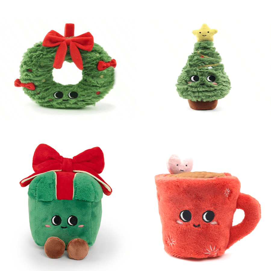Cană drăguță cu față zâmbitoare personificată, coroană de brad de Crăciun, cutie cadou, jucărie de pluș, decorare de sărbători, cadou de Crăciun