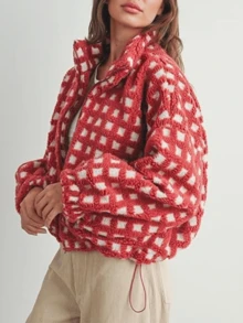 Women's Short Cotton Coat Lightweight Floral Print Long Sleeve Zipper Puffy Cardigan Jacket - 紅色 - 查看 4