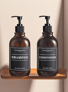 16.9 盎司/500 毫升亮棕色洗发水和护发素分配器套装，带壁挂支架打孔安装的泵瓶分配器，乳液泵瓶，带防水标签的沐浴皂分配器，可再填充的塑料洗发水瓶 - 适用于浴室淋浴壁的洗洁精洗发水护发素沐浴露分配器