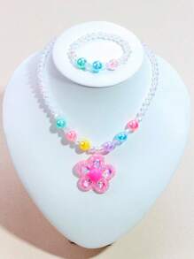 2 件套女孩可爱花朵吊坠项链和手链套装，迷人串珠儿童首饰，适合女孩节日派对生日礼物 - 彩色 - 查看 1