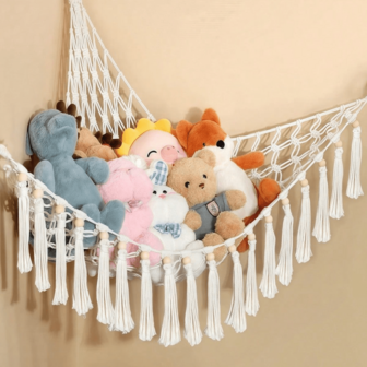 1 pieza Gran red de estilo bohemio para muñeca de peluche, hamaca para muñeca, estantería colgante de malla para almacenamiento de muñecas de peluche con ganchos con borlas, estantería colgante de red para animales de peluche, adecuada para decoración de dormitorio, decoración navideña, decoración de habitación, decoración del hogar, puede almacenar vestidos, pantalones, zapatos, vaqueros, botas, faldas, etc.
