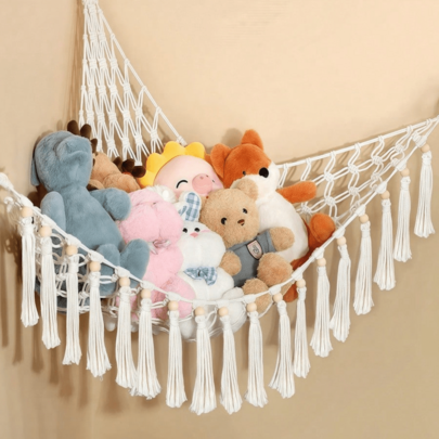 1pc Large Boho Style Plush Doll Net, Doll Hammock, Mesh Hanging Plush Doll Storage Rack With Tassel Hooks, Plush Animal Corner Hanging Net Shelf, Suitable For Bedroom Decor, Holiday Decor, Room Decor, Home Decor, Can Store Dresses, Pants, Shoes, Jeans, Boots, Skirts, Etc.