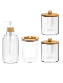 4-Piece Bathroom Wash Set With Minimalist Stripe Design Includes Hand Sanitizer Bottle, Rinse Cup, Toothbrush Holder & Soapboard Back-To-School Home Bathroom Decorating Bathroom Must-Have Combo! The Set Includes A Cute Swab Organizer To Keep Your Swabs Organized And Dry. It Also Comes With Shampoo And Body Soap Dispensing Bottles. Perfect For Organizing Your Bathroom Counter And Making Bath Time More Convenient.
