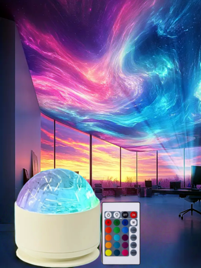 YETHKE 7-farbig wechselnde Aurora LED Nordlicht Projektionslampe - USB betrieben, Fernbedienung, ABS Material - ideal für Schlafzimmer, Party, Wohndekoration und Weihnachtsambiente, Schlafzimmer Stimmungsbeleuchtung | Modernes rundes Design | langanhaltend glänzende Oberfläche, LED Schlafzimmerleuchte