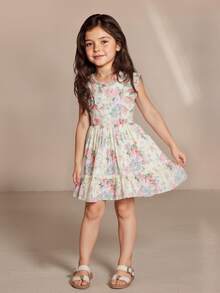 SHEIN Young Girl' Rose Ditsy Floral Sleeveless Puff Dress, High Quality Princess Style Summer Swing Dress With Back Zipper, Cute & Sweet Daily/Casual Wear - Pink - View 2